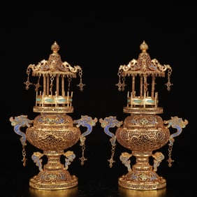 A Pair of Exquisite Cloisonne Gilt Dragon Tower Ornaments,Inlaid Gems