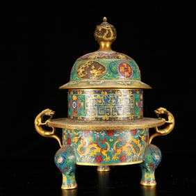 A Huge Cloisonne Lotus Dragon Pattern Double-Ears and Tripod Censer
