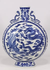 A Huge Blue and White Auspicious Cloud,Dragon and Phoenix Pattern Dragon-Ears Vase
