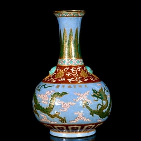 A Rare Wucai Painted Gold Auspicious Cloud and Dragon Pattern Beast-Ears Vase