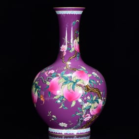 A Rare Purple Glazed  Famille-Rose Bats and Peach Pattern Vase