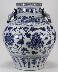 A Huge Blue and White Lotus and Auspicious Beast Pattern Double-Ears Jar