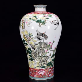 A Rare  Famille-Rose Painted Gold Pine and Crane Pattern Vase,with Poem