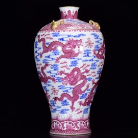 A Huge Ruby Red-Glazed  Famille-Rose Dragon Pattern Gilt Sheep-Ears Vase