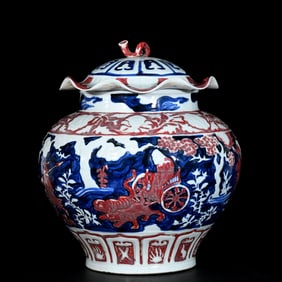 A Rare Blue and White Underglaze-Red Character and Story Pattern Jar
