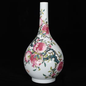 A Rare Famille-Rose Painted Gold Bats and Pomegranate Pattern Vase,With Poem