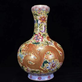 A Rare Enamel Painted Gold Flower?Dragon and Phoenix Pattern Vase