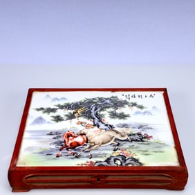 A Rare Huanghuali wood Inlaid Porcelain Plaques Horse Pattern End Table