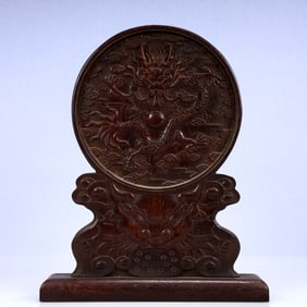 A Rare Zitanwood Inlaid Gems Dragon Pattern Screen