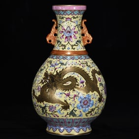 A Rare Famille-Rose Yellow Ground Painted Gold Lotus and Dragon Pattern Double-Ears Vase