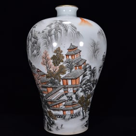 A Rare Ink Color Painted Gold Landscape and Figure Pattern Vase