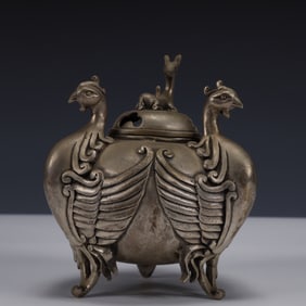 An Exquisite Silver-plated Bronze Phoenix Pattern Tripod Censer