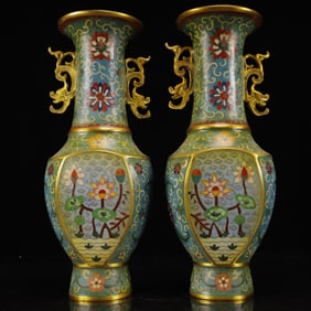 A Pair of Huge Cloisonne Lotus Pattern Double-Ears Vases