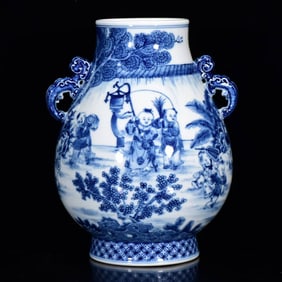 An Exquisite Blue and White Character and Story Pattern Double-Ears Vase
