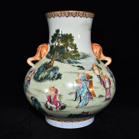 An Exquisite Famille-Rose Painted Gold Landscape and Figure Pattern Elephant-Ears Vase