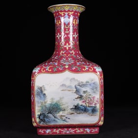 An Exquisite Famille-Rose Ruby Red-Glazed Painted Gold Lotus and Landscape Pattern Vase