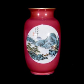 An Exquisite Ruby Red-Glazed Famille-Rose Landscape and Figure Pattern Vase