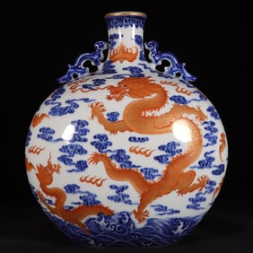 A Rare Blue and White Iron-Red Glazed Painted Gold Seawater,Auspicious Cloud and Dragon Pattern