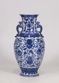 A Rare Blue and White Lotus and Eight Treasures Pattern Dragon-Ears Vase