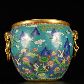 A Huge Cloisonne Flower and Crane Pattern Beast-Ears Vat