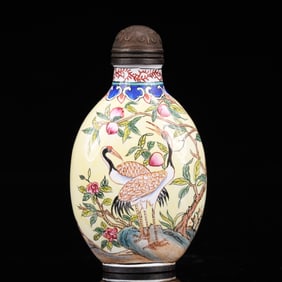 An Exquisite Painted Enamel Crane and Peach Pattern Snuff Bottle
