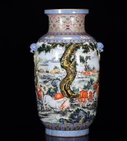 A Huge  Famille-Rose Landscape and Horse Pattern Painted Gold Lion-Ears Vase