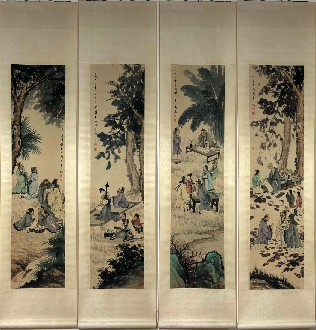 A Chinese Vertical Scroll Ink Painting of Character and Story on Paper,Fu Baoshi: A Chinese Vertical Scroll Ink Painting of Character and Story on Paper,Fu Baoshi,Size:(Without frame)53.9inx13in*4 一幅中国水墨人物故事Ĭ