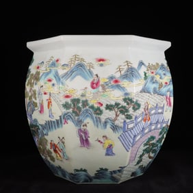 A Rare Famille-Rose Landscape and Figure Pattern Vat