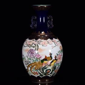A Huge Ji Blue Glazed  Famille-Rose Painted Gold Phoenix and PeonyPattern Double-Ears Vase,with Poem