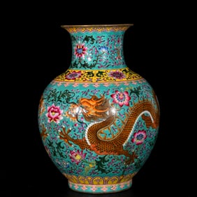 A Rare Enamel Flower and Dragon Pattern Vase