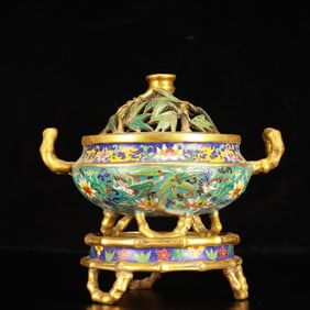 An Exquisite Cloisonne Lotus Crane Pattern Double-Ears and Tripod Censer