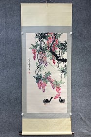 A Chinese Vertical Scroll Ink Painting of Flower and Bird on Paper,Lou Shibai
