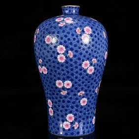 An Exquisite Blue Glazed  Famille-Rose Sika Pattern Vase