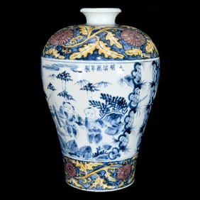 A Rare Blue and White Wucai Character and Story Pattern Vase