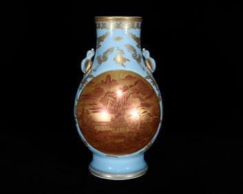A Rare Celadon Glazed Gold Ground Ruby Red-Glazed Painted Gold Landscape and Figure Pattern Bat-Ears