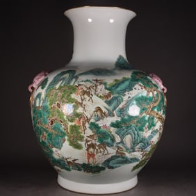 A Huge Famille-Rose Painted Gold Pine and Deer Pattern Beast-Ears Vase