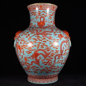 A Huge Turquoise Ground Iron-Red Glazed Painted Gold Auspicious Cloud and Dragon Pattern Beast-Ears