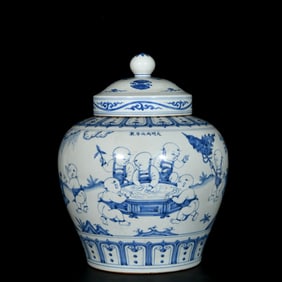A Huge Blue and White Character and Story Pattern Cover Jar