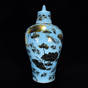 A Huge Blue Ground Gold Color Fish and Algae Pattern Bottle
