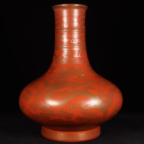An Exquisite Iron-Red Glazed Painted Gold Auspicious Cloud and Dragon Pattern Vase
