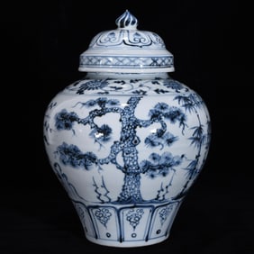 A Rare Blue and White Pine, Bamboo and Plum Blossom Pattern Cover Jar