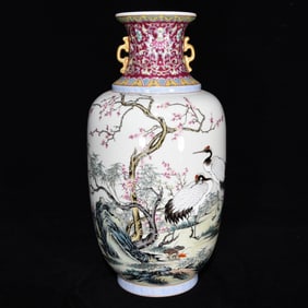A Rare Enamel Painted Gold Flower and Bird Pattern Double-Ears Vase,With Poem