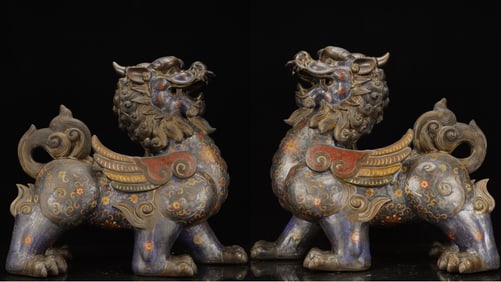 A Pair of Rare Cloisonne Flower Pattern Kylin Ornaments