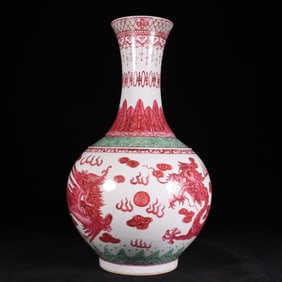 A Huge Famille-Rose Red Glazed Auspicious Cloud,Dragon and Phoenix Pattern Vase