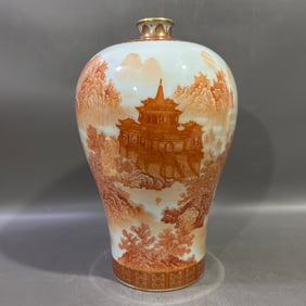 A Rare Iron-Red Glazed Painted Gold Landscape and Figure Pattern Vase