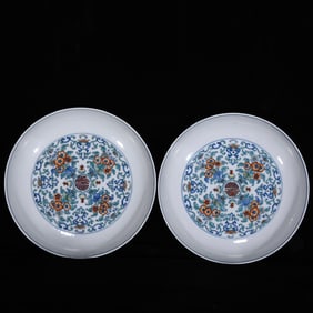 A Pair of Exquisite Doucai Shou-Character Flower Pattern Plates