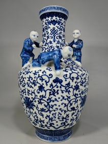 A Rare Blue and White Lotus and Figure Pattern Vase