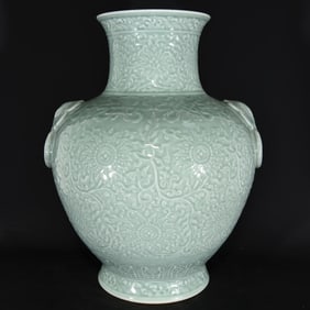 A Huge Celadon Glazed Lotus Pattern Beast-Ears Vase