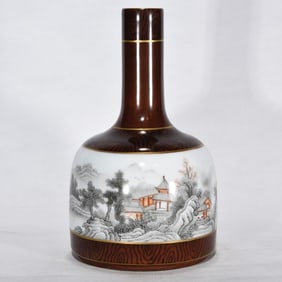 An Exquisite Imitation Wood Grain Glazed Ink Color Painted Gold Landscape and Figure Pattern Vase