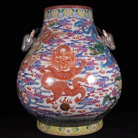 A Huge Famille-Rose Painted Gold Auspicious Cloud and Dragon Pattern Deer-Ears Vase